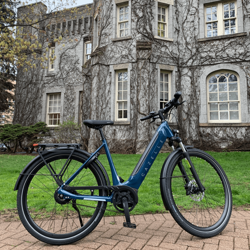 Blue Gazelle Ebike parked outside of Old Court House.
